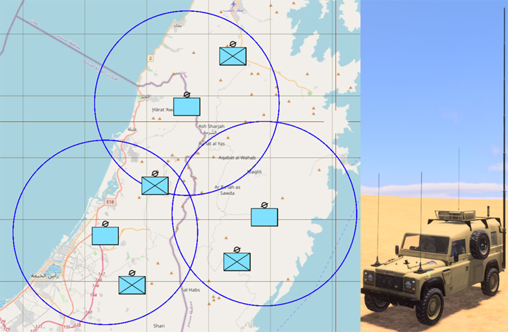 Visual display of radio antennas on a 2D map. (Right) A vehicle showing radio antennas