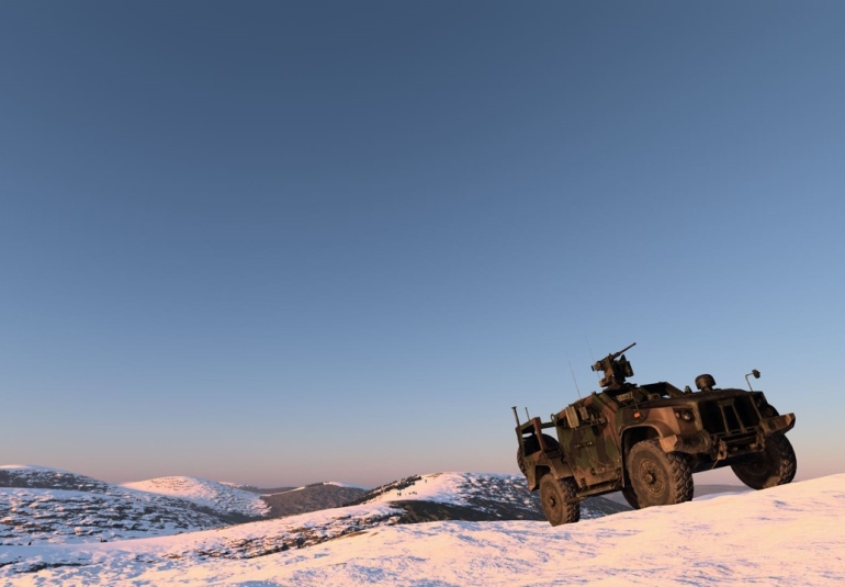 Shown in the Alps of Lyngen, a JLTV with remote weapon station is ready for virtual training anywhere in the world in the VBS4 virtual environment.