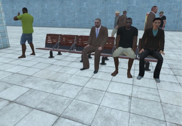 Artificial intelligence pattern of life behaviors include waiting on a bench in VBS3 virtual simulation